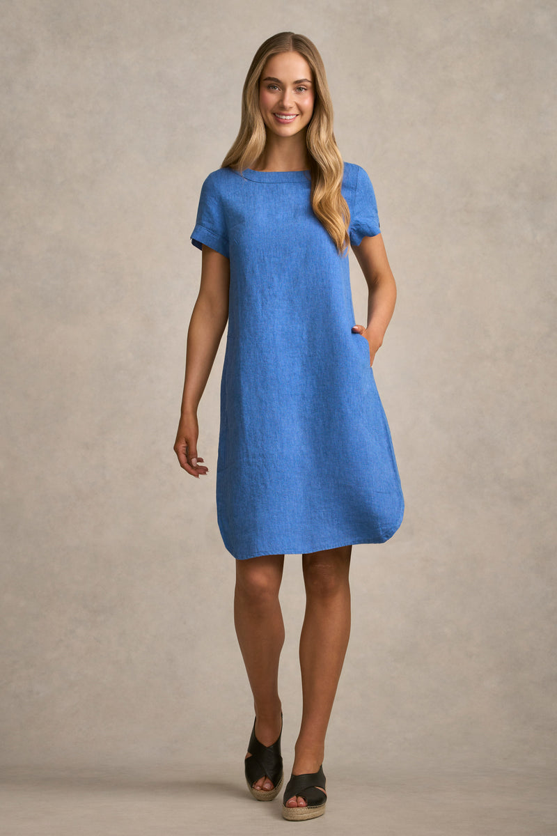 Scoop Neck Linen Dress - Periwinkle Cross Dye