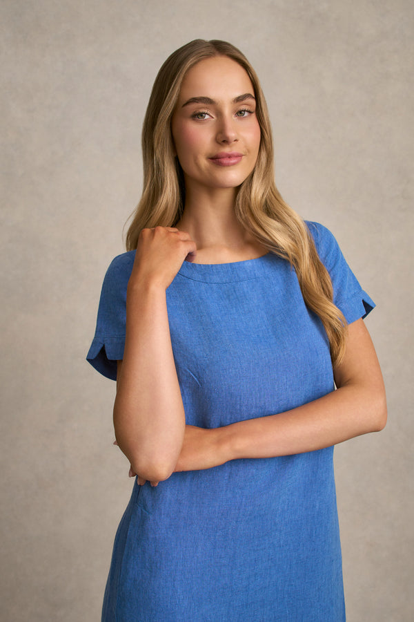 Scoop Neck Linen Dress - Periwinkle Cross Dye