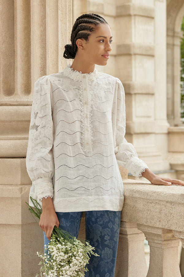 Embroidered Linen Blouse – Blue Illusion