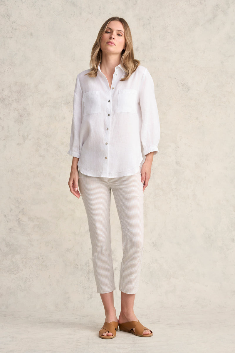 Bengajean Three Quarter Seersucker - Stone and White Stripe