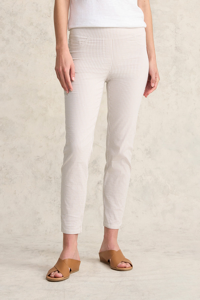 Bengajean Ankle Length Seersucker - Stone and White Stripe