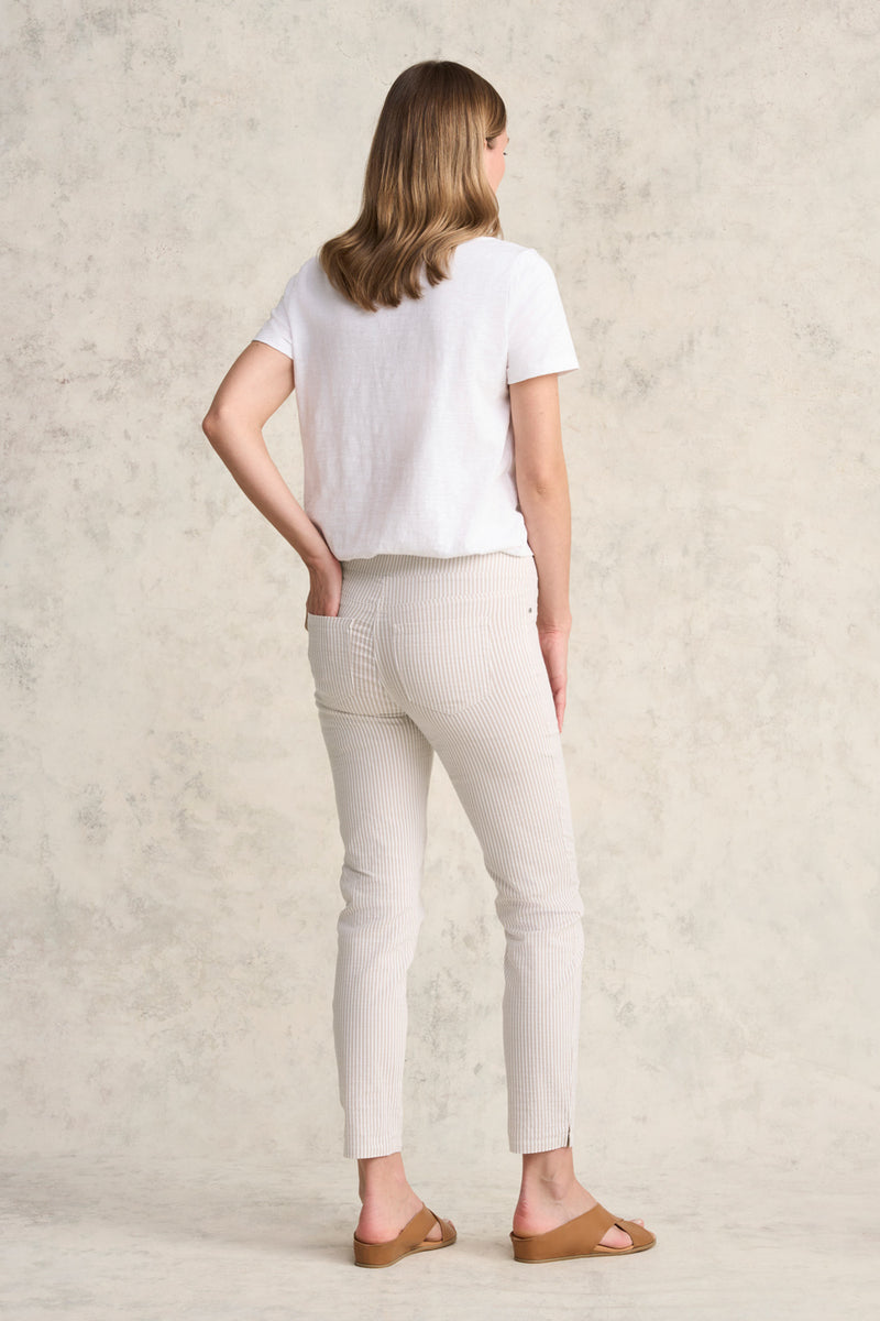 Bengajean Ankle Length Seersucker - Stone and White Stripe