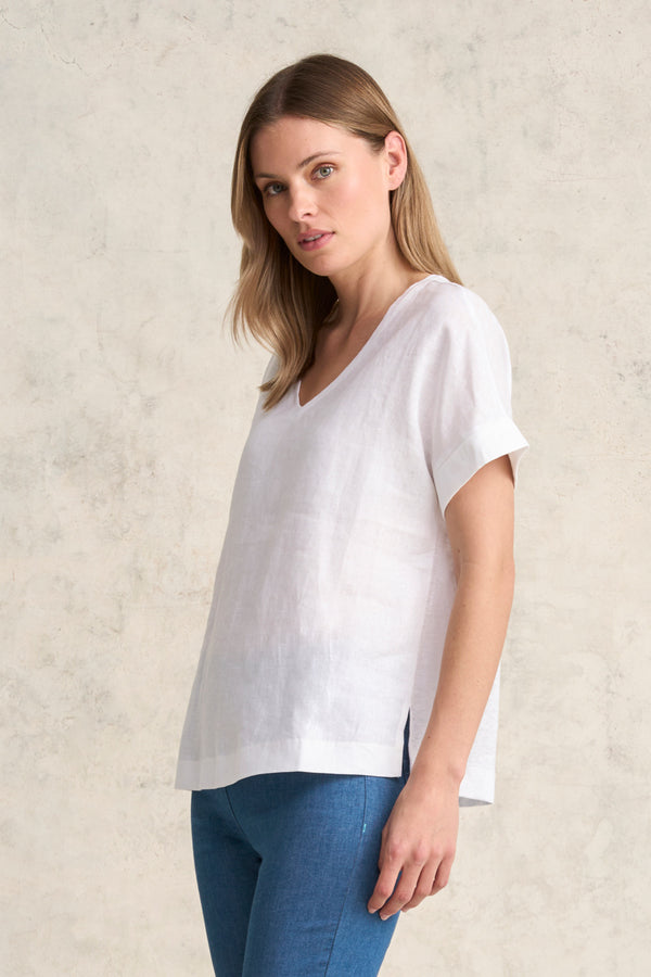 Linen Mix V-Neck Top - White