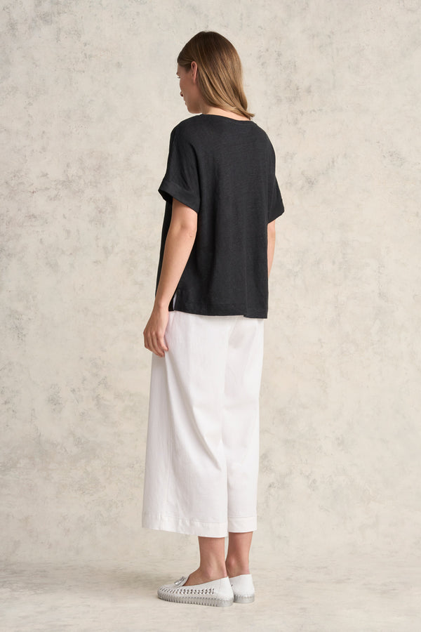 Linen Mix V-Neck Top - Black