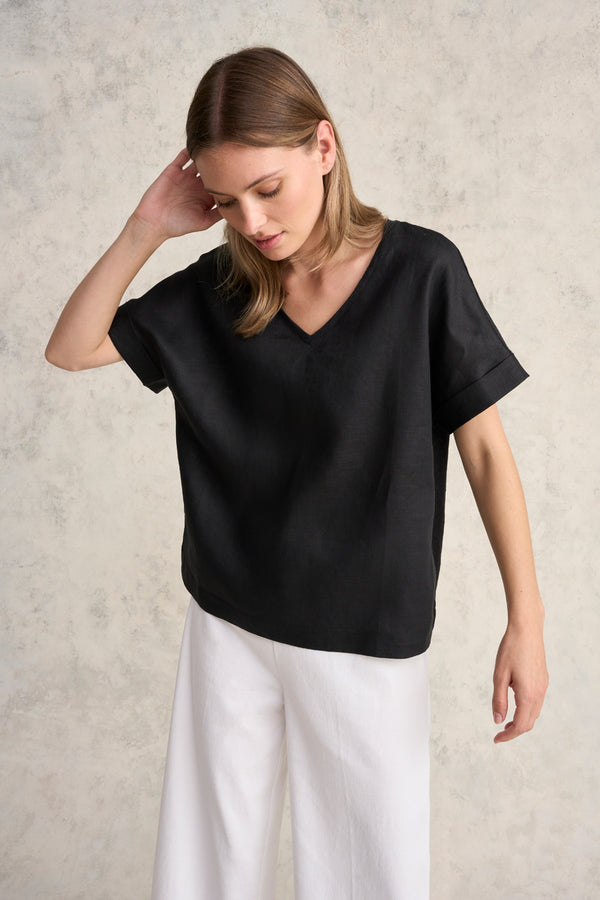 Linen Mix V-Neck Top - Black