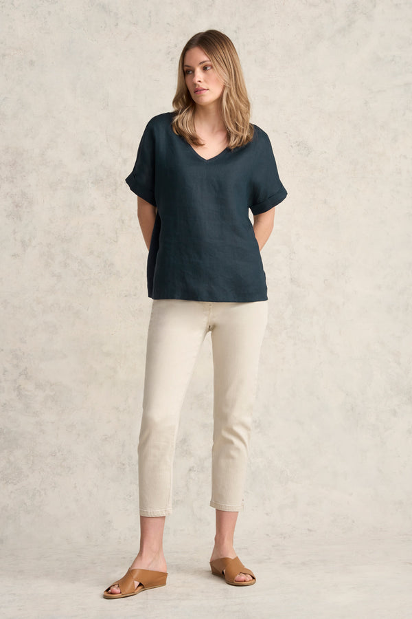 Linen Mix V-Neck Top - Ink