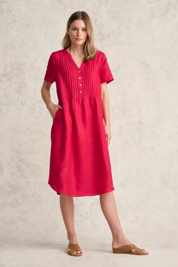 Pleated Front French Linen Dress