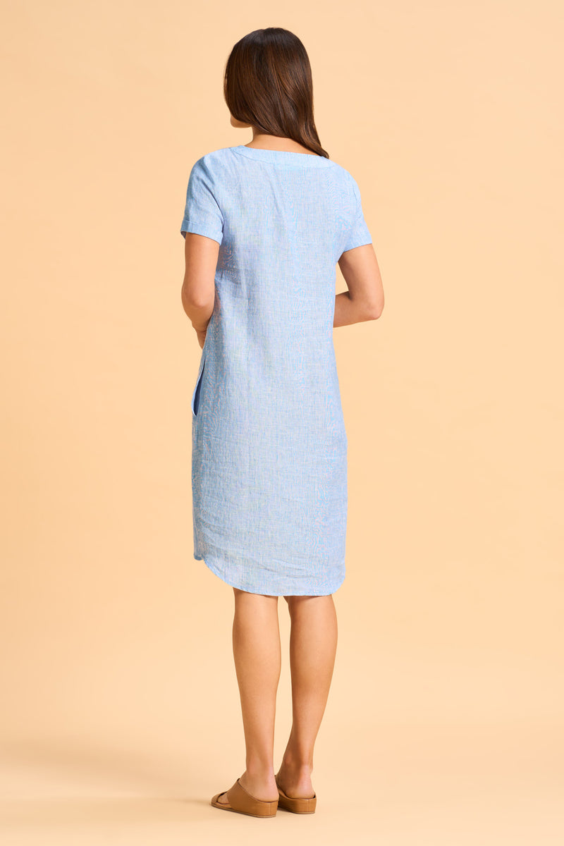 V-Neck Linen Dress - Chambray Cross Dye