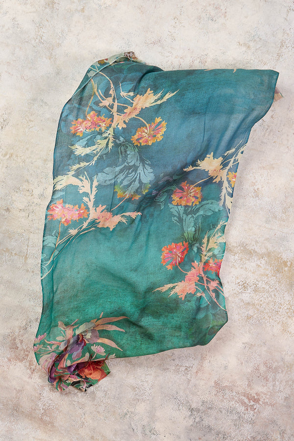 Turquoise Floral Wool Scarf