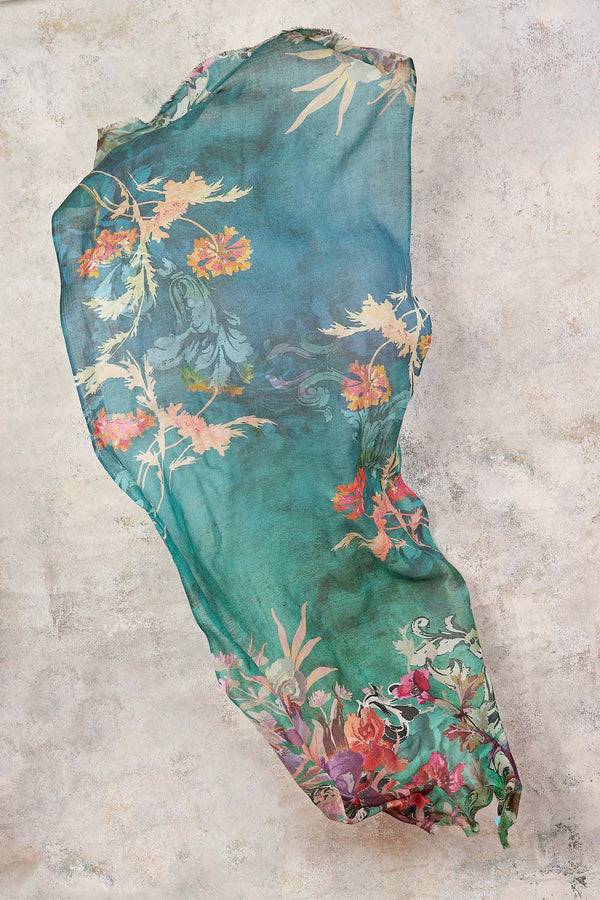 Turquoise Floral Wool Scarf