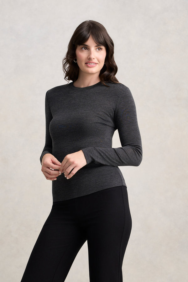 Merino Wool Rib Tee - Charcoal Marle