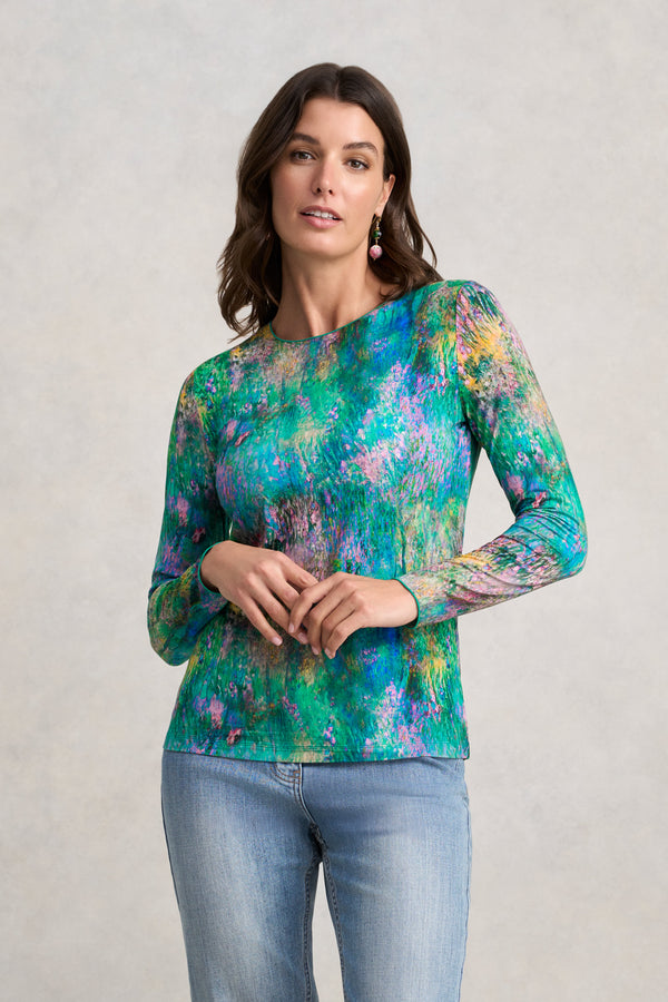 Long Sleeve Crew Neck Top - Abstract Monet Print