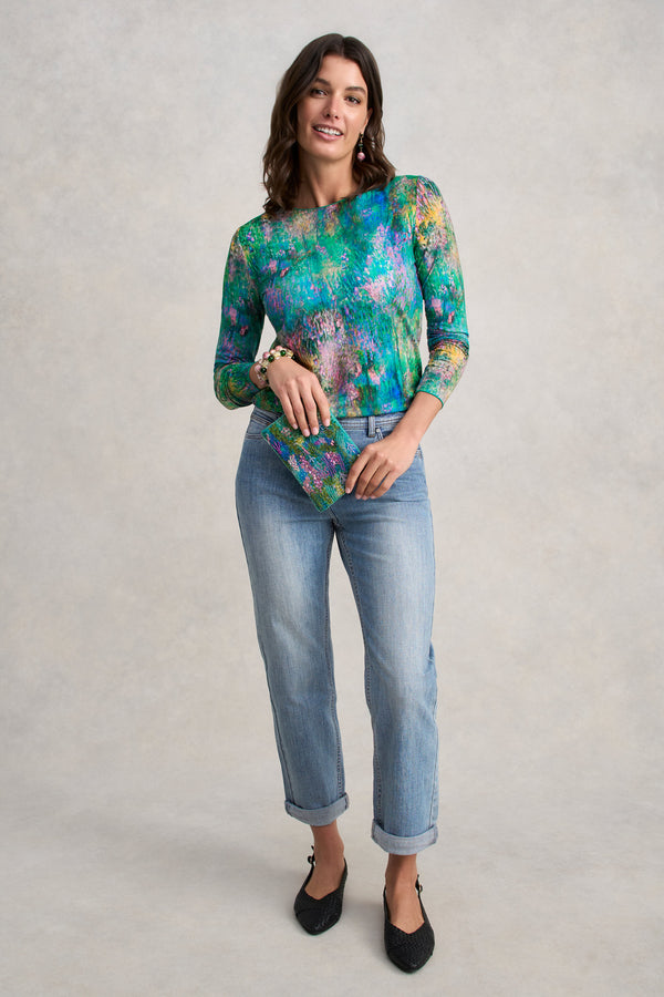 Long Sleeve Crew Neck Top - Abstract Monet Print