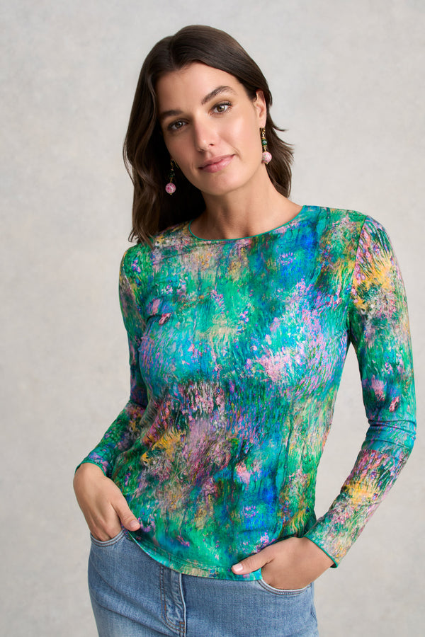 Long Sleeve Crew Neck Top - Abstract Monet Print