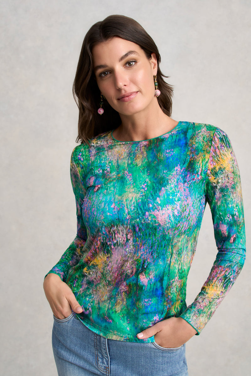 Long Sleeve Crew Neck Top - Abstract Monet Print