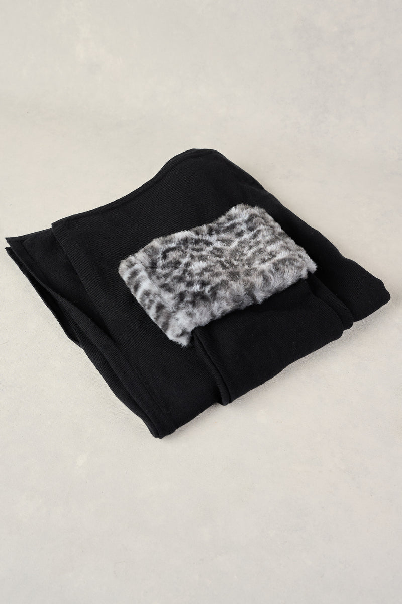 LEOPARD FAUX FUR TRIM PONCHO - BLACK AND WHITE