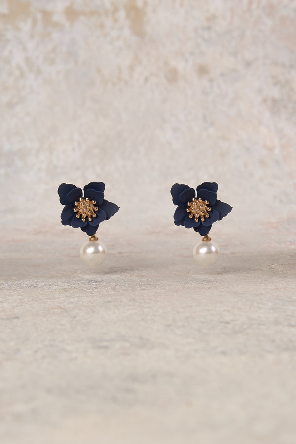 Navy Floral Drop Earrings