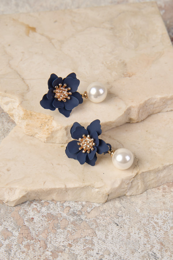 Navy Floral Drop Earrings