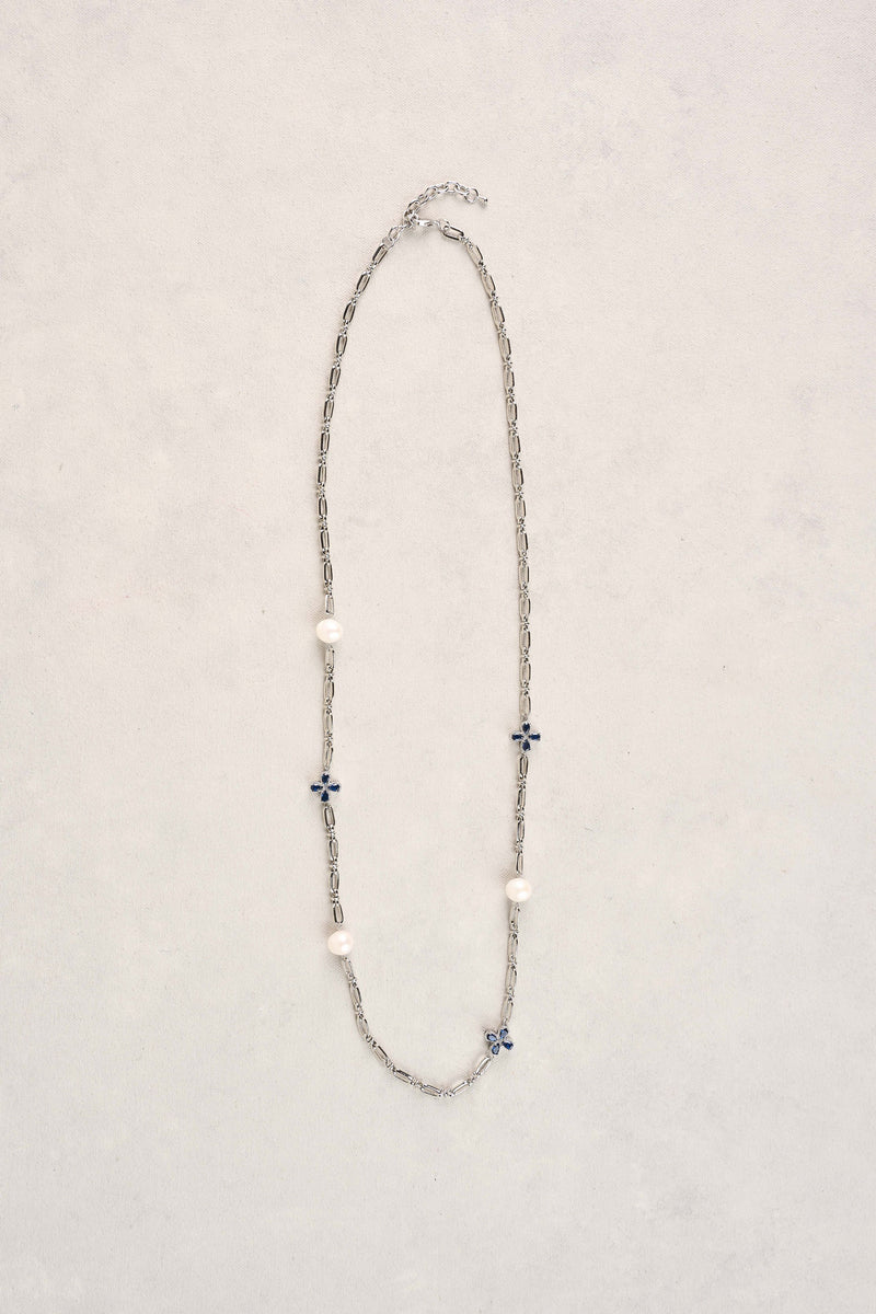 Long Pearl Link Clover Necklace - Blue