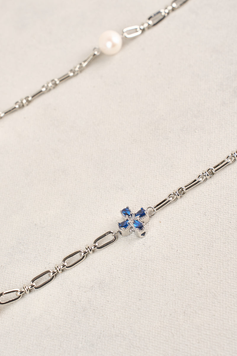 Long Pearl Link Clover Necklace - Blue