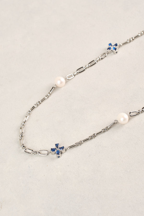Long Pearl Link Clover Necklace - Blue