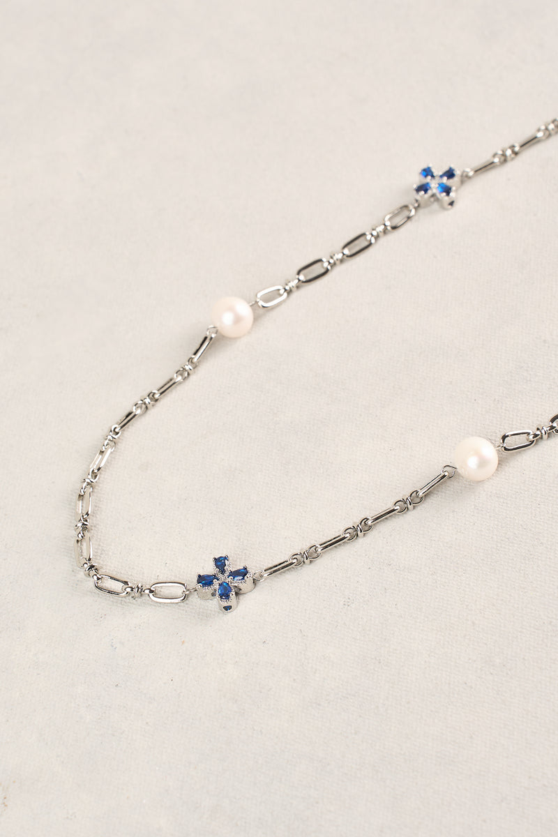 Long Pearl Link Clover Necklace - Blue