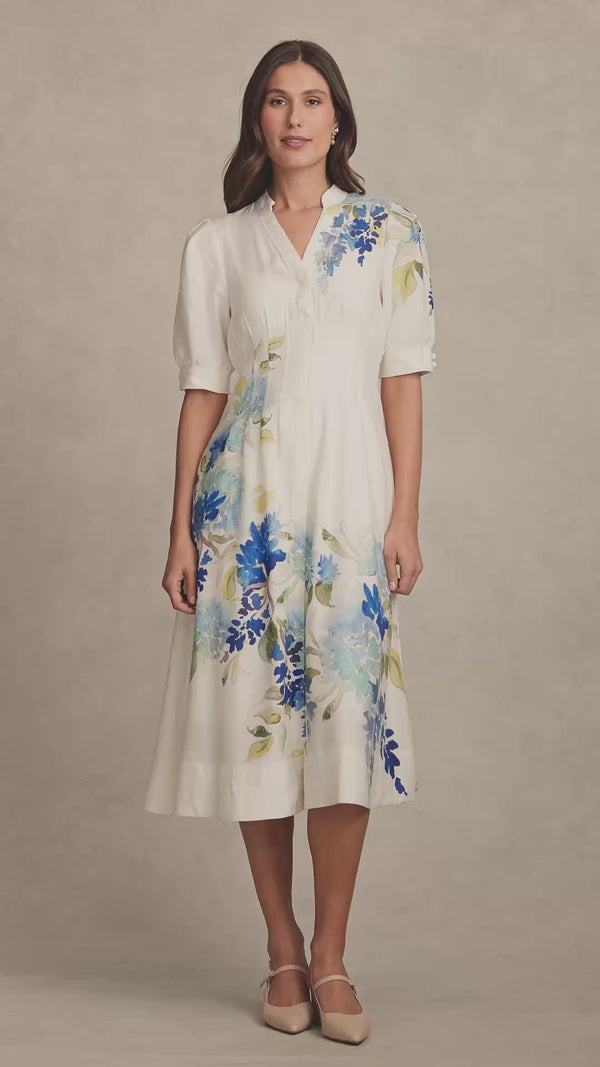 Pin Tuck Linen Dress - Watercolour Floral