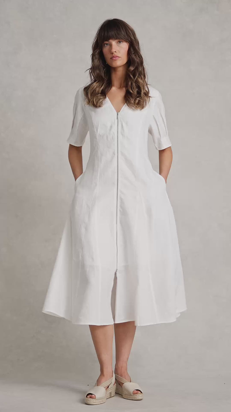 Zip Through Linen Dress - White