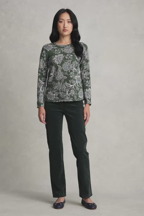 LONG SLEEVE BUTTON DETAIL T-SHIRT - FOREST GREEN PAISLEY