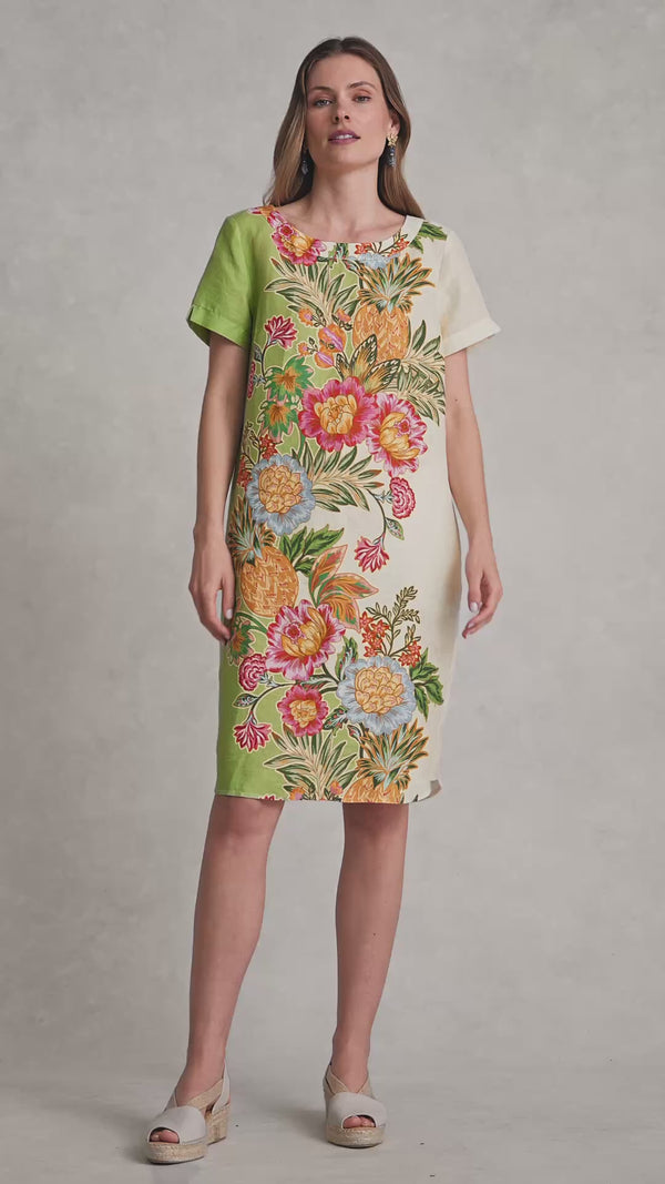 Printed French Linen Dress - Tropical Placement