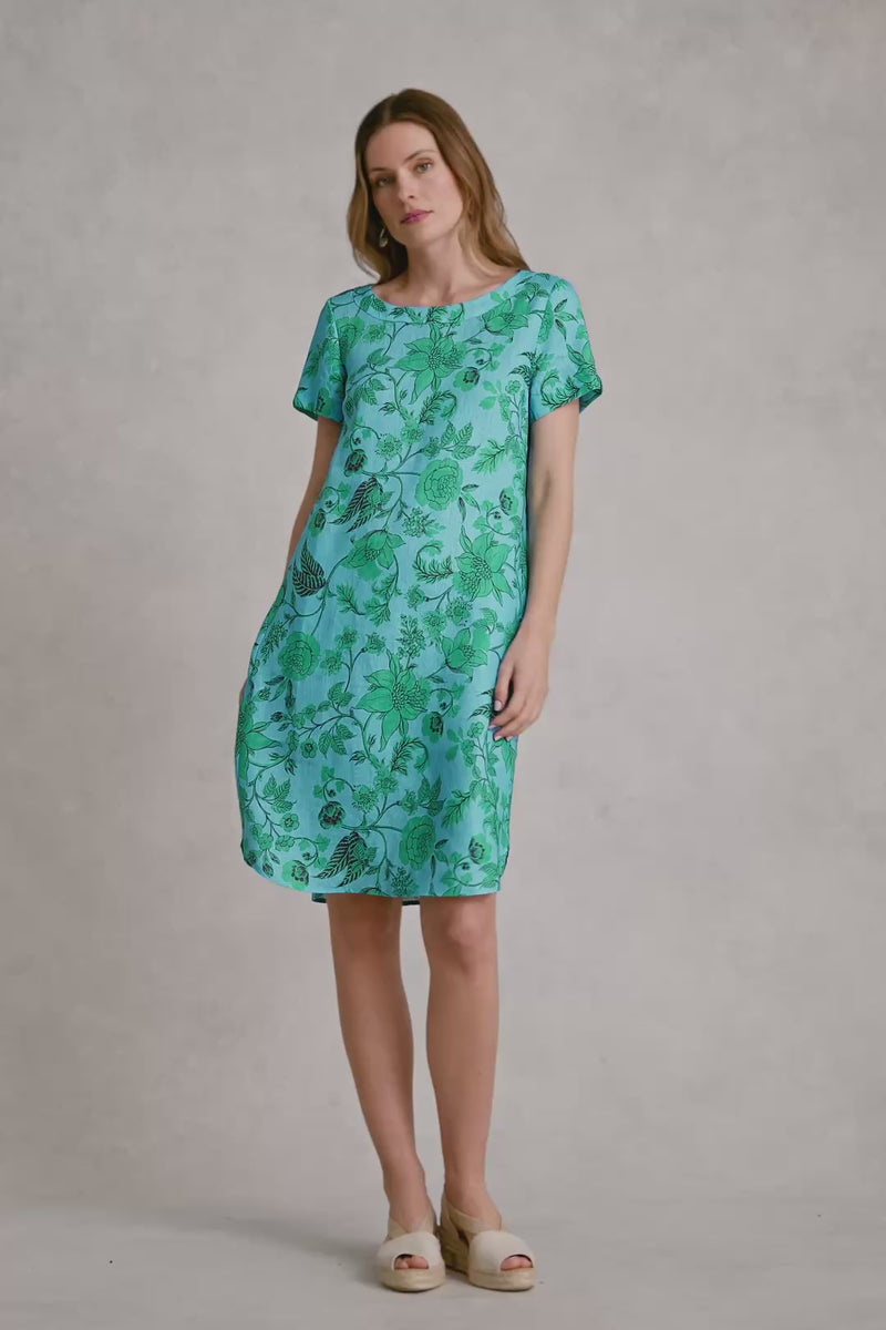 French Linen Shift Dress - Emerald Floral