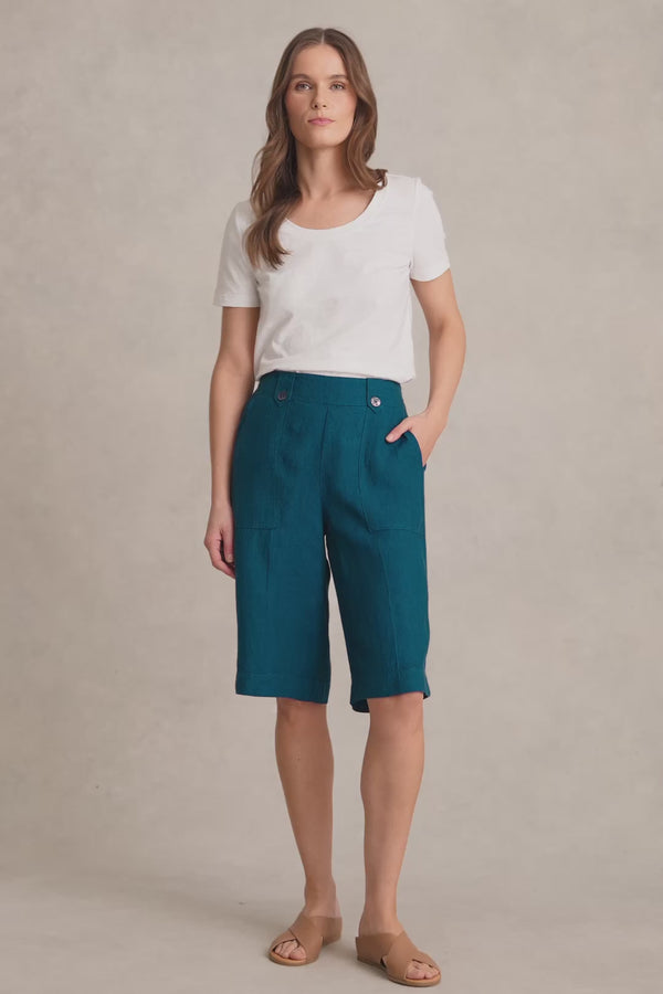 Waist Tab Linen Short - Navy Delave