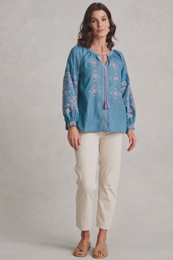 Embroidered Folk Blouse - Mid Denim Blue