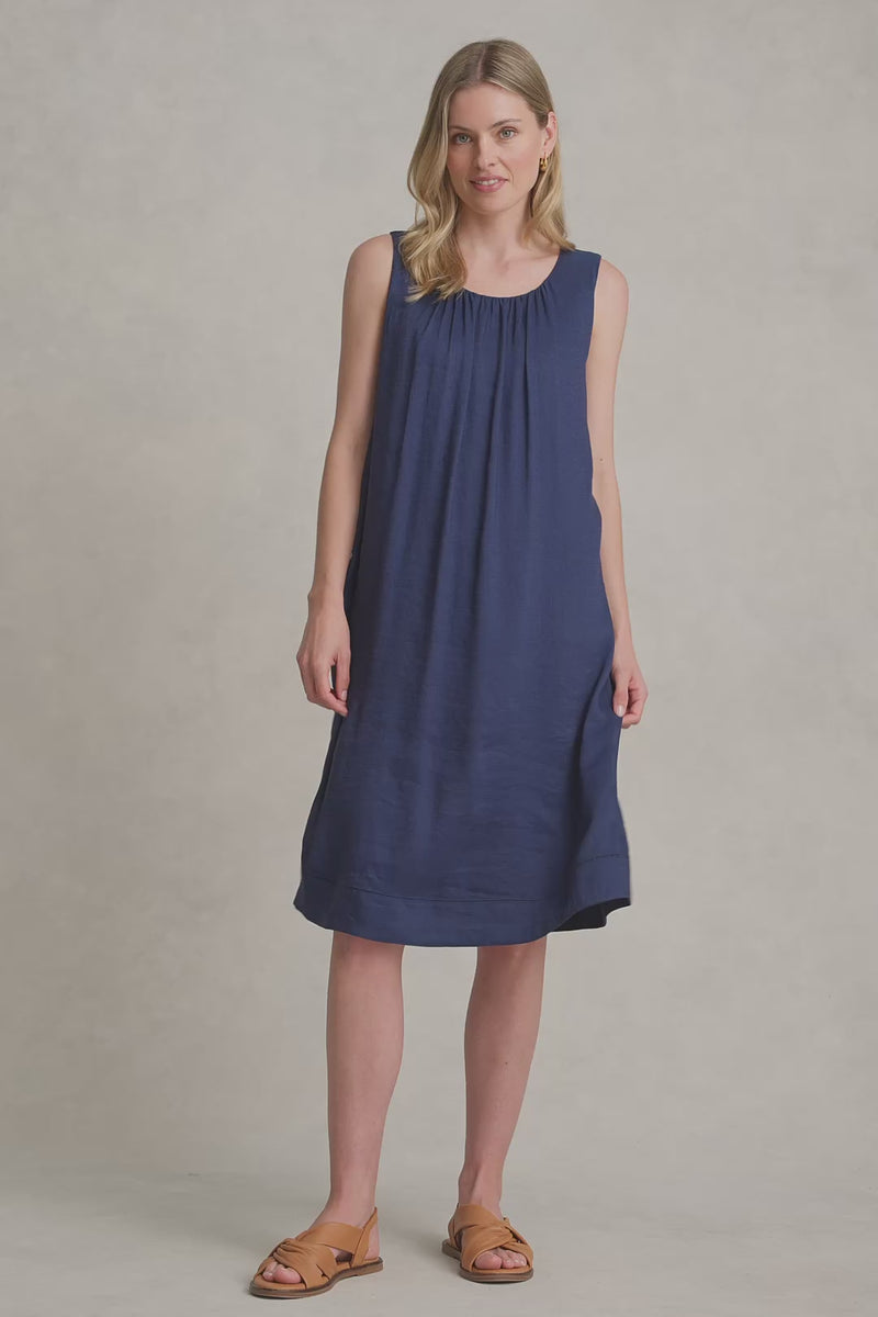 LINEN SILK MIDI DRESS - NAVY