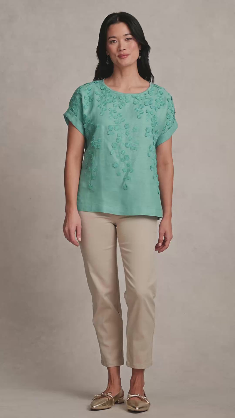 Mixed Linen Floral T-Shirt - Ocean Blue