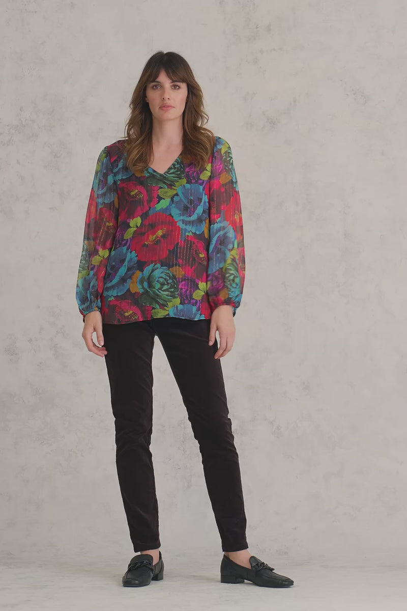 Printed Lurex Stripe Blouse - Oversized Floral Print