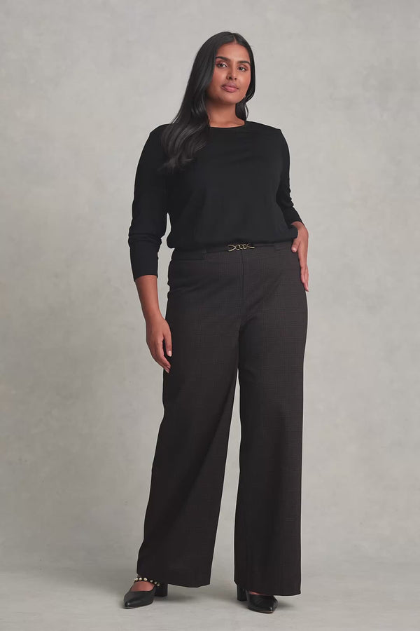 Wide Leg Ponte Pant - Black & Brown Check