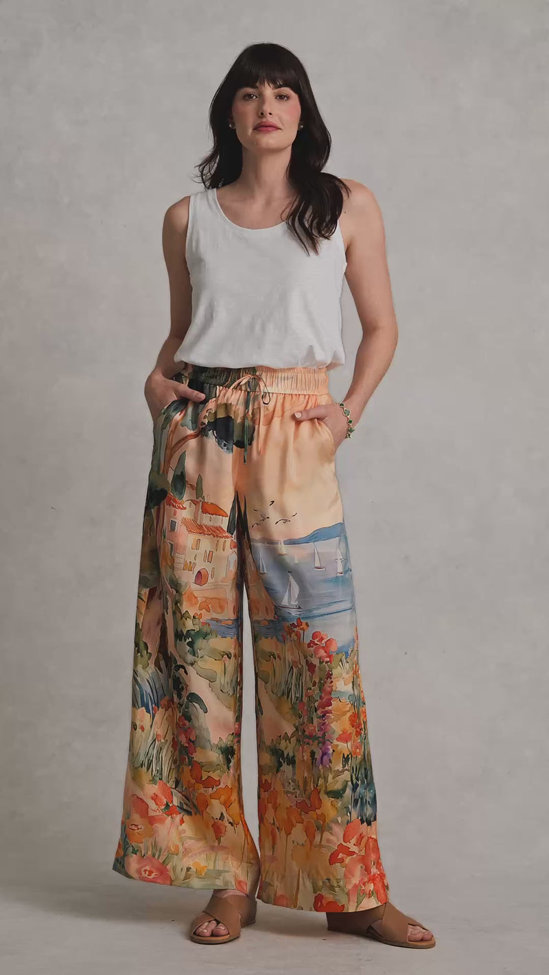 Scenic Print Silk Pant - Coastal Scenic Print