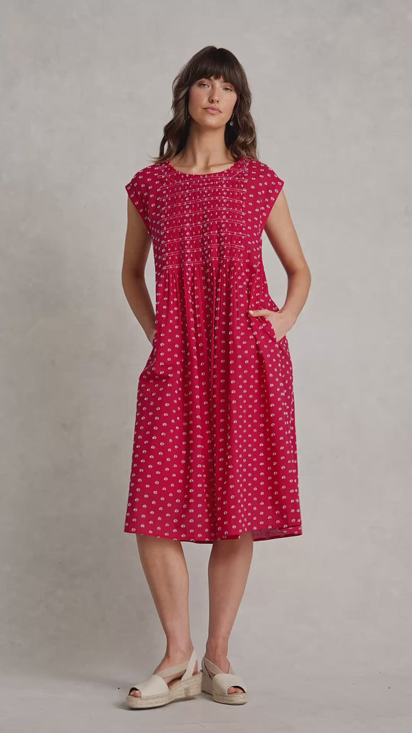 Cotton Shirred Dress - Poppy White Spot