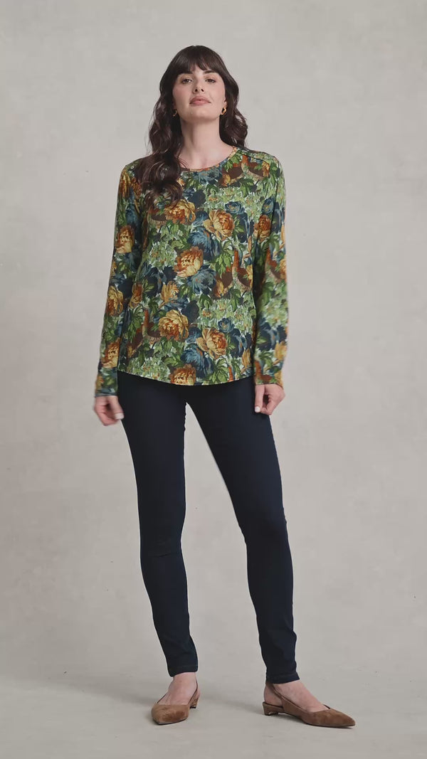 Long Sleeve Button Detail T-Shirt - Peony Print