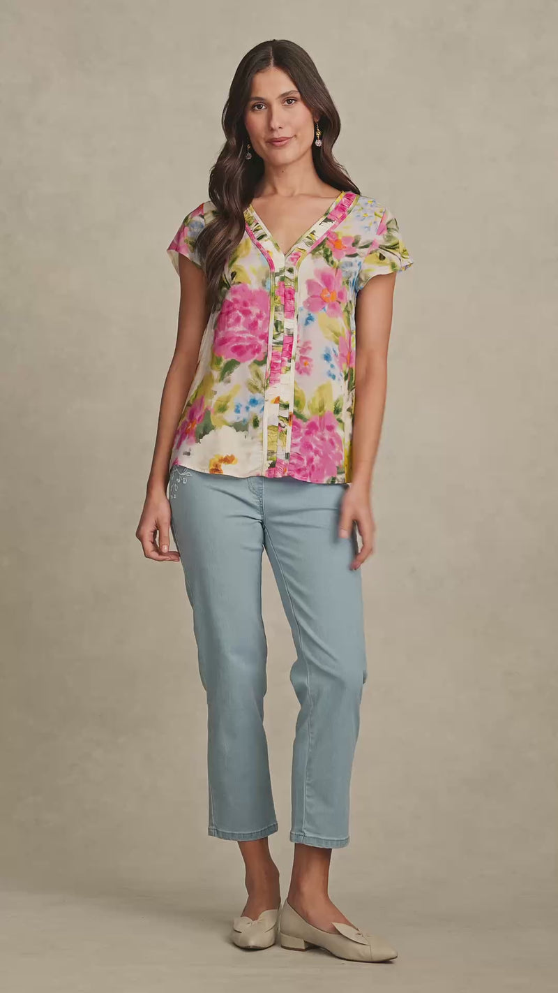 Ruched Short Sleeve Blouse - Spring Garden Print
