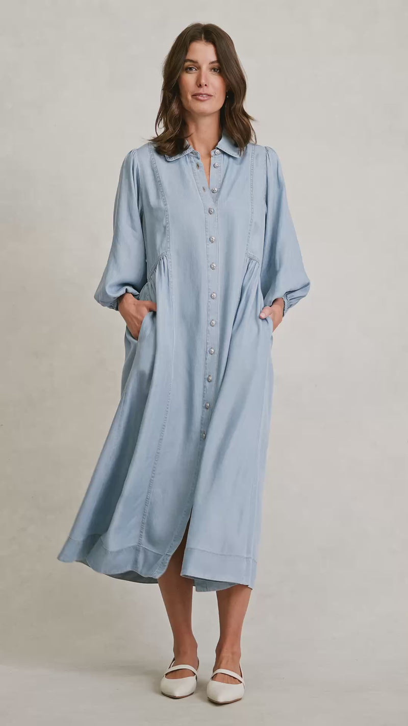 Chambray Puff Sleeve Dress - Light Chambray