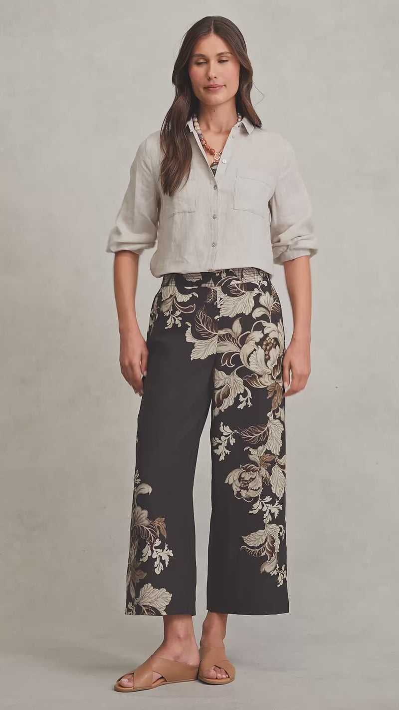 Printed Wide Leg Pant - Black Foliage Print