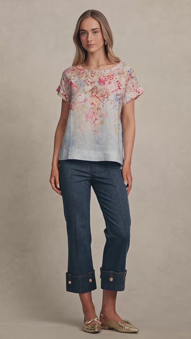 Linen Button Back Top - Cascading Blooms