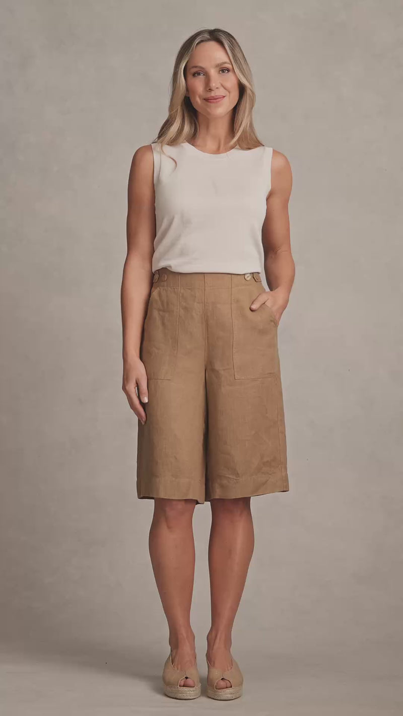Tab Detail Linen Short - Camel Twill