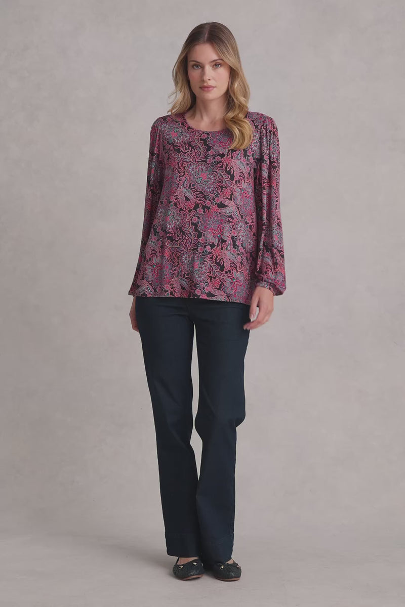 Printed Long Sleeve Scoop Neck Top - Intricate Floral