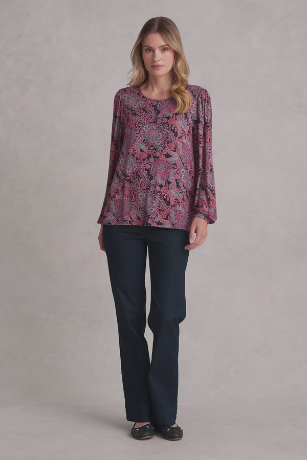 Printed Long Sleeve Scoop Neck Top - Intricate Floral