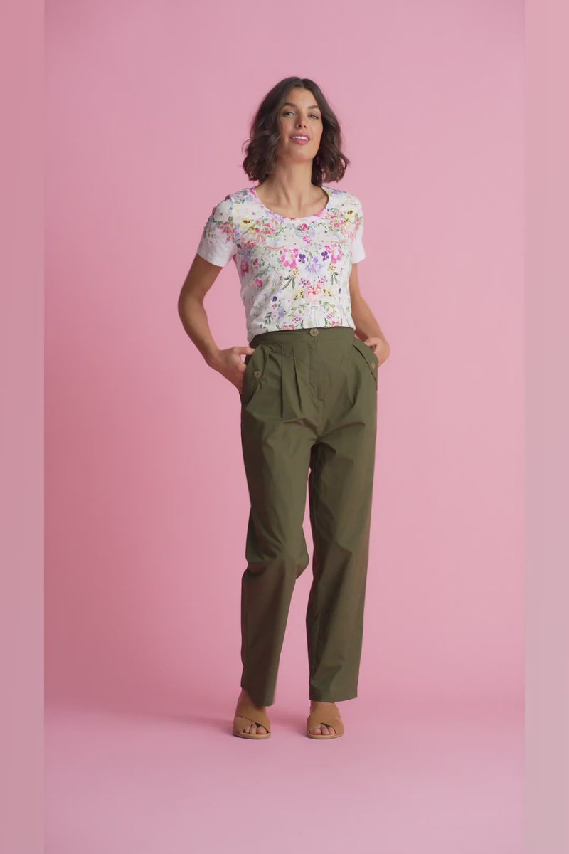 Tab Detail Cotton Pant - Dark Green