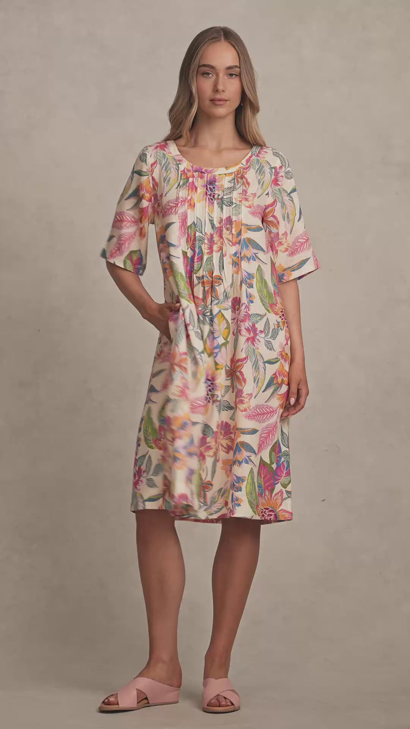 Linen Blend Pleat Front Dress - Tropical Print
