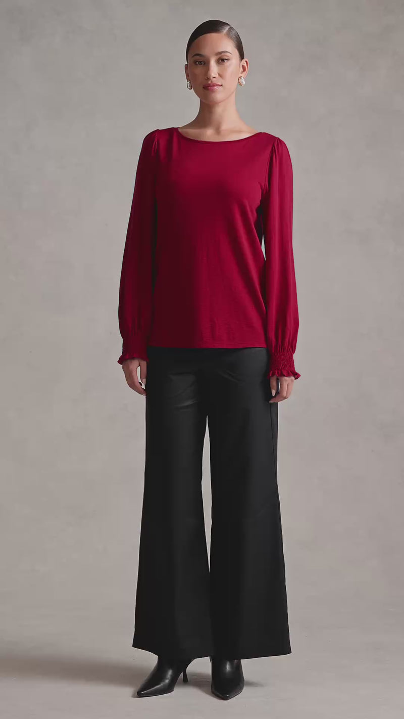 Shirred Cuff Merino Top - Crimson